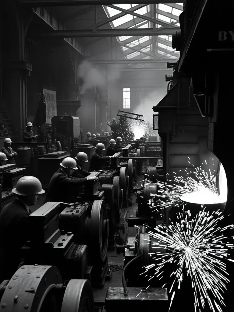 A black and white photograph depicting a bustling steel factory in post-war Britain, with workers operating heavy machinery and sparks flying, symbolizing the industry's peak.
